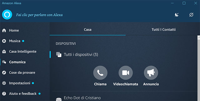 Alexa su Windows 10: screenshot