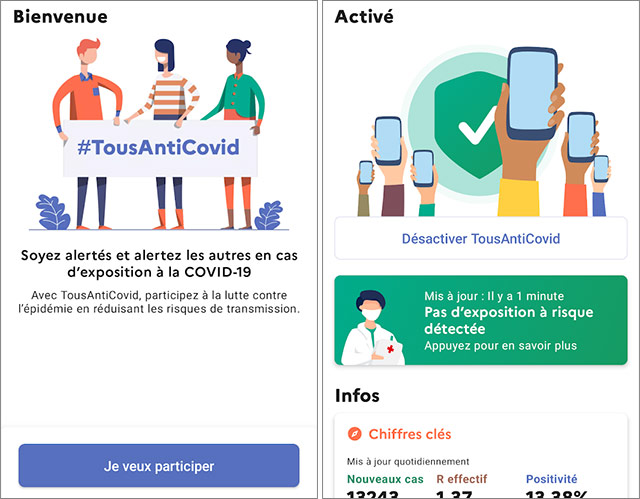 Screenshot per l'applicazione francese TousAntiCovid dedicata al contact tracing