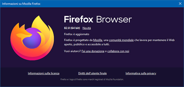 Il browser Firefox aggiornato alla versione 82 su desktop