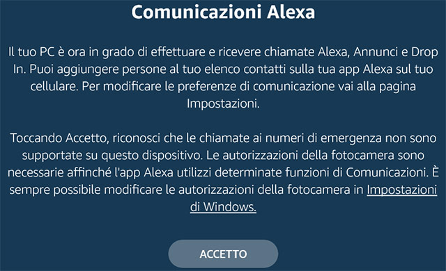 Alexa su Windows 10: screenshot