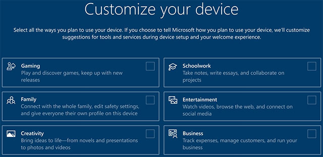 Windows 10: la schermata per la personalizzazione del sistema operativo mostrata durante il setup