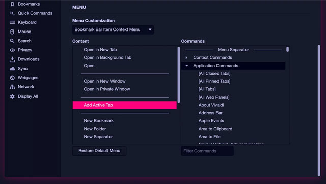I menu personalizzabili del browser Vivaldi