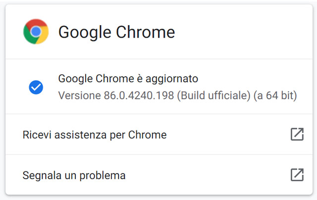 Il browser Google Chrome si è aggiornato alla versione 86.0.4240.198 su piattaforme desktop
