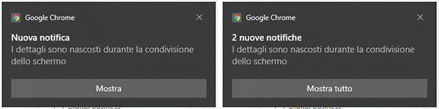 Le notifiche nascoste da Chrome durante la condivisione dello schermo in Google Meet