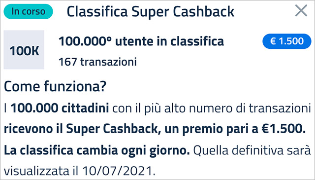 Super Cashback: la classifica aggiornata a venerdì 19 marzo 2021 con il numero minimo di transazioni necessario per accedere al bonus