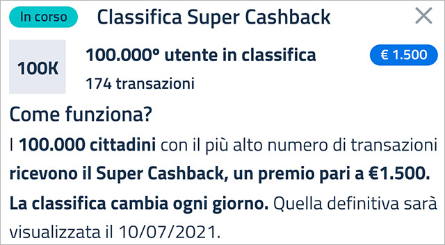 Super Cashback: la classifica aggiornata a martedì 23 marzo 2021 con il numero minimo di transazioni necessario per accedere al bonus