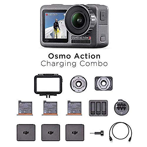 DJI Osmo Action Charging Combo, Camera Digitale con Kit Accessori Incluso, Doppio Display, Fino a 11 m, Resistente all’Acqua, Stabilizzazione Integrata, Foto e Video in 4K HDR a 100 Mbps, Nero