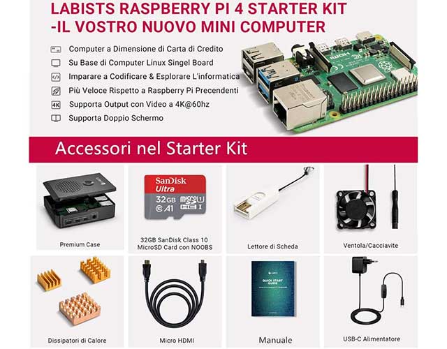 Raspberry Pi 4 Model B, lo starter kit di Labists