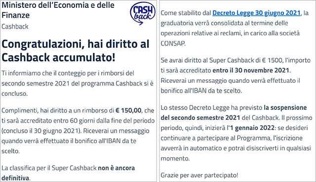 Il messaggio di IO che conferma la ricezione del rimborso fino a 150 euro per il Cashback di Stato