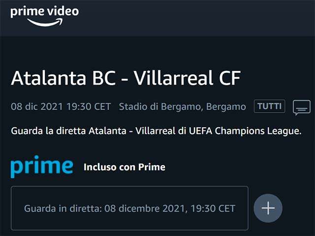 Champions League: Atalanta-Villareal in streaming su Prime Video