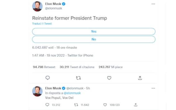 Elon Musk lancia un sondaggio su Twitter: “Riammettere Donald Trump?”. Milioni di voti