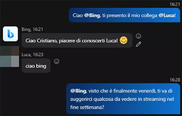 Il chatbot del nuovo Bing in una conversazione di gruppo su Skype