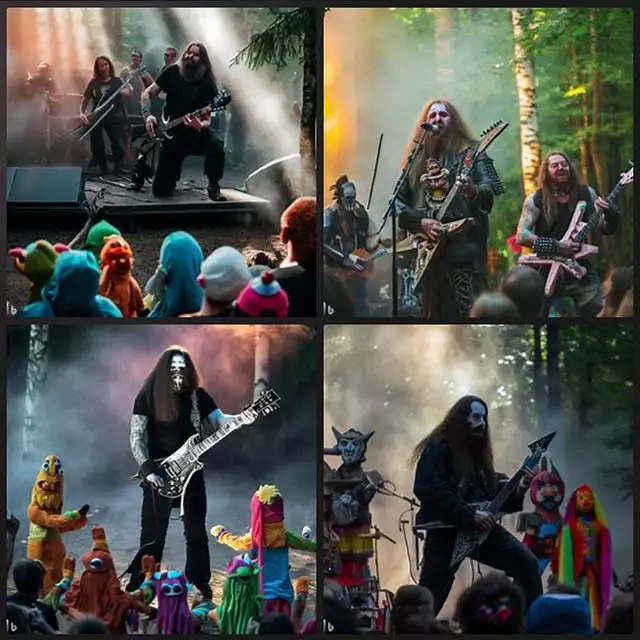 Bing Image Creator: a metal band during a concert in a forest, performing for an audience of colorful puppets