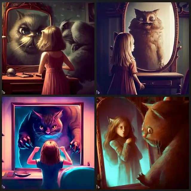 Bing Image Creator: a young girl looks in the mirror and discovers that, behind her, a person disguised as a huge cat is hiding, digital art