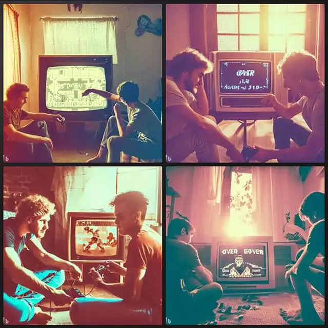 Bing Image Creator: the game over screen of a fighting game, shown to two friends playing in a small room on a summer afternoon, vintage style
