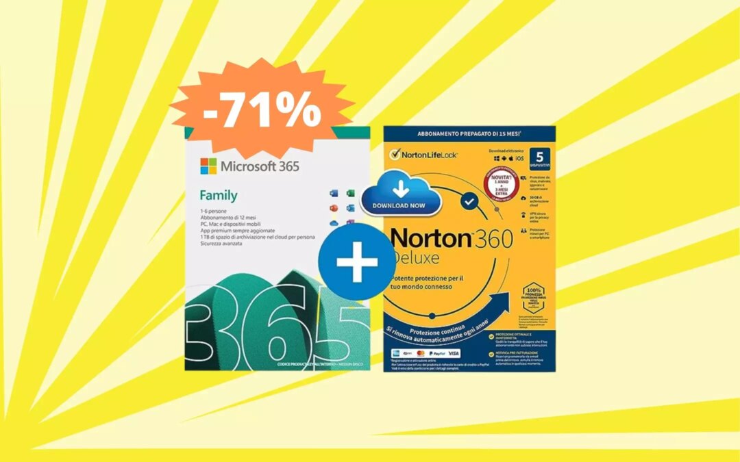 Microsoft 365 Family + Norton 360 Deluxe: AFFARE su Amazon (-71%)