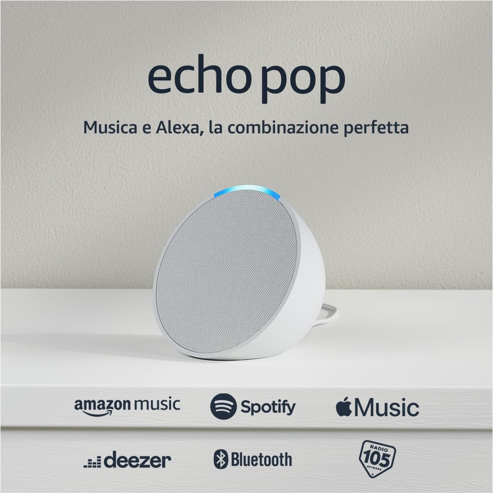 Echo Pop | Altoparlante Bluetooth intelligente con Alexa, compatto e dal suono potente | Bianco ghiaccio