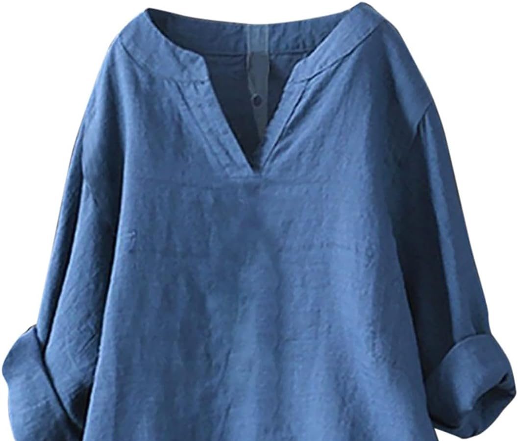 Uwdiohq Camicia di Pizzo Camicia a Maniche Lunghe in Cotone e Lino Tinta Unita da Donna Gonna da Spiaggia Bluse Eleganti da Cerimonia Magliette Maniche Corte Donna