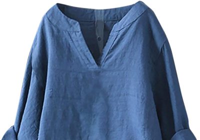 Uwdiohq Camicia di Pizzo Camicia a Maniche Lunghe in Cotone e Lino Tinta Unita da Donna Gonna da Spiaggia Bluse Eleganti da Cerimonia Magliette Maniche Corte Donna