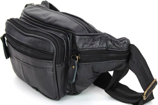 Marsupio In vera pelle cuoio da uomo donna con cinta regolabile borsa a tracolla borsello casual moderno vintage elegante monospalla con 6 tasche in offerta (Nero)