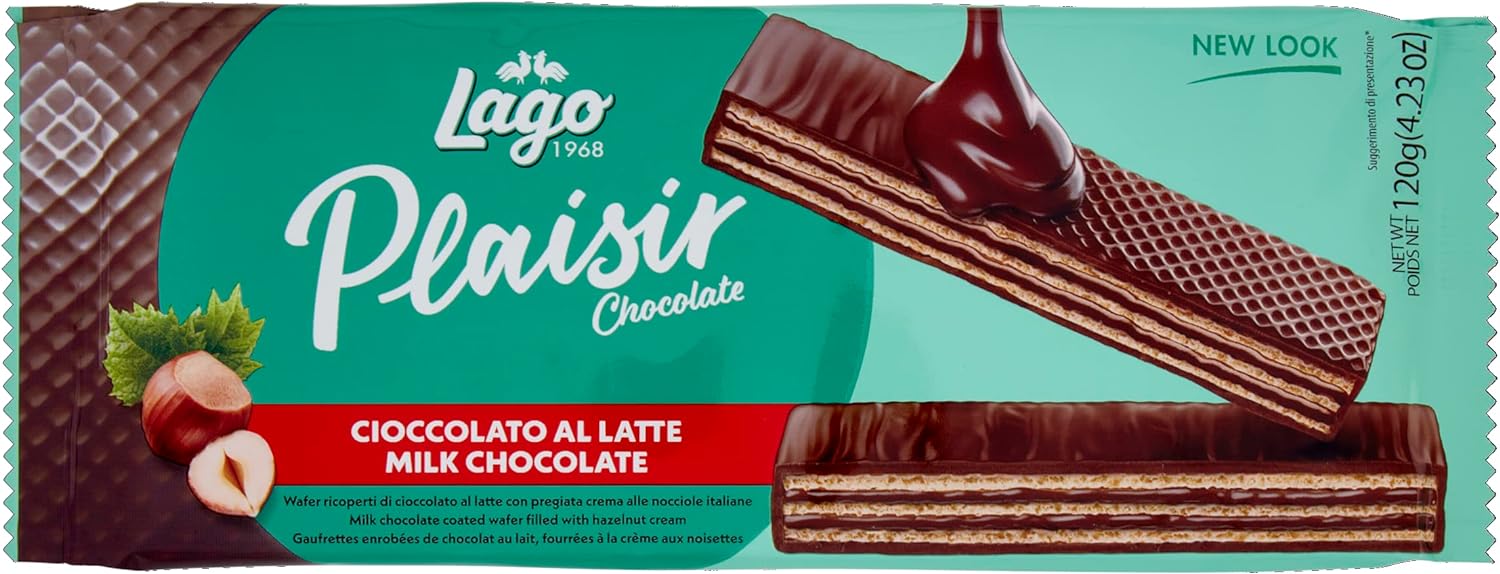 Lago 1968, Plaisir 120g, Wafer Ricoperti con Cioccolato al Latte e Farciti con Crema alla Nocciola 57%