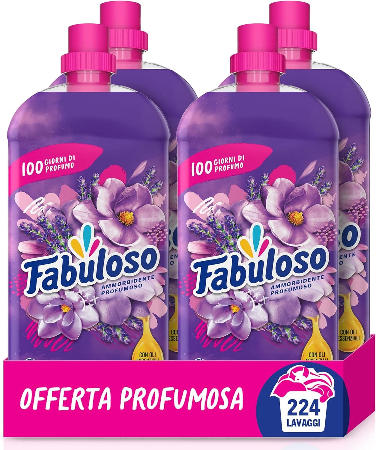 Fabuloso Ammorbidente Lavatrice Concentrato Sensation Magnolia, 224 lavaggi 4×1,25L |Bucato Morbido e Profumato | Profumo di lunga durata | Flacone e tappo sono 100% riciclabili