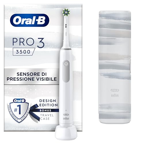 Oral-B Spazzolino Elettrico Ricaricabile Pro 3 3500N, Sensore di Pressione Luminoso, Batteria a Lunga Durata, 1 Testina, 1 Spazzolino Elettrico, 1 Custodia Viaggio, Bianco, Idea Regalo