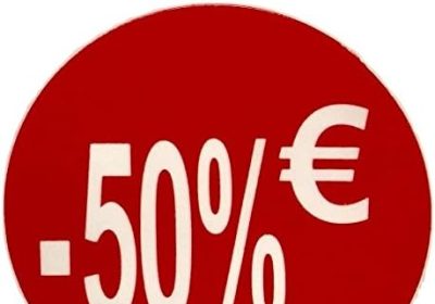 DiiliHiiri Cartellini dei Prezzi in Euro – Etichette Rotonde -50% in Rotoli da 1000 Adesivi per Offerte e Promozioni Commerciali | Adesivo Diametro 35 mm