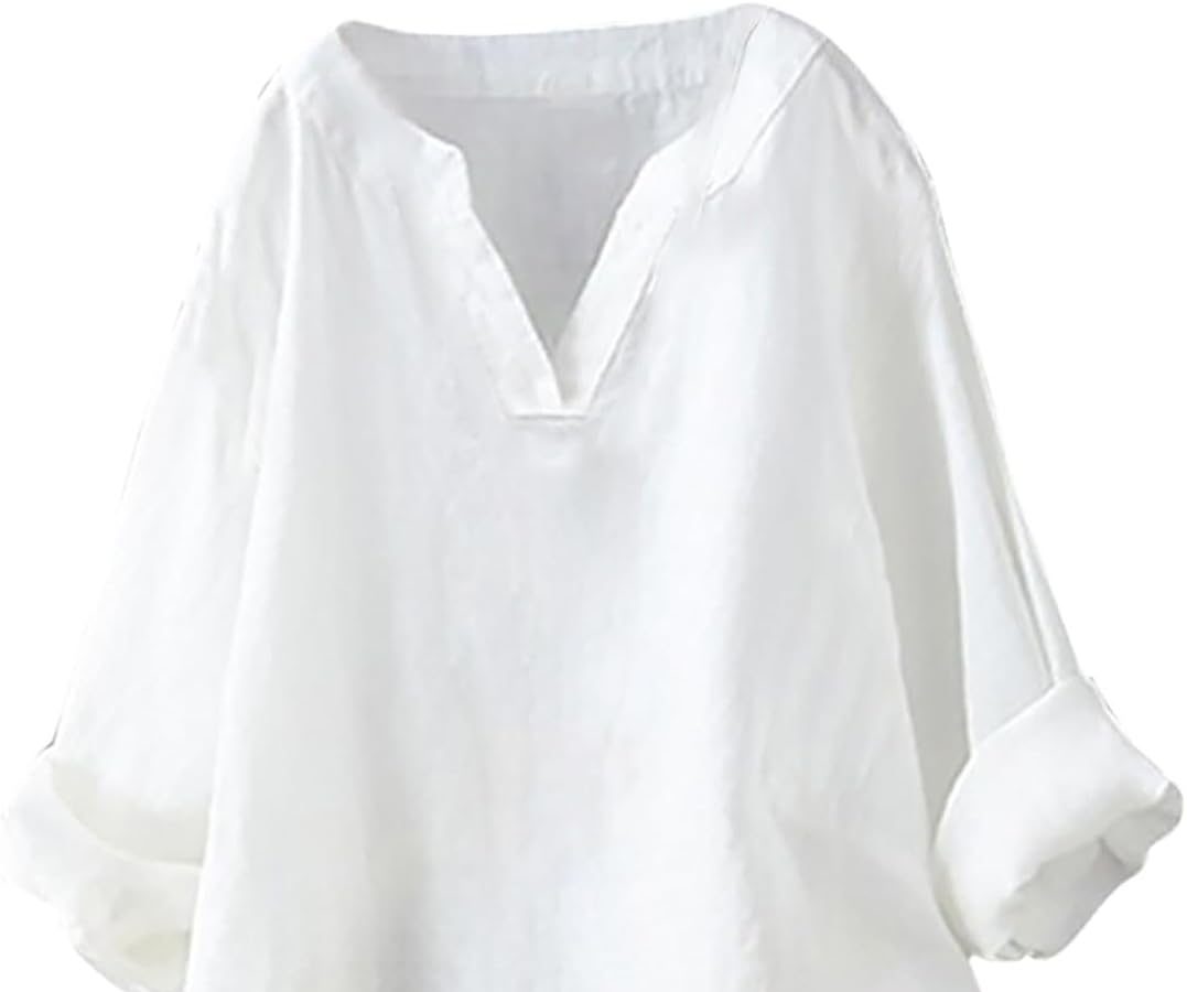 Uwdiohq Camicia di Pizzo Camicia a Maniche Lunghe in Cotone e Lino Tinta Unita da Donna Gonna da Spiaggia Bluse Eleganti da Cerimonia Magliette Maniche Corte Donna