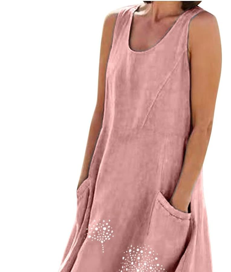 Abiti Lunghi Lino Estivi Donna, 2024 Abiti Offerte di Primavera in Lino Spiaggia Caftano a Senza Maniche Abito Casual Oversize Elegante Girocollo Abito Largo con Tasche Boho Fresco Vacanza Vestito