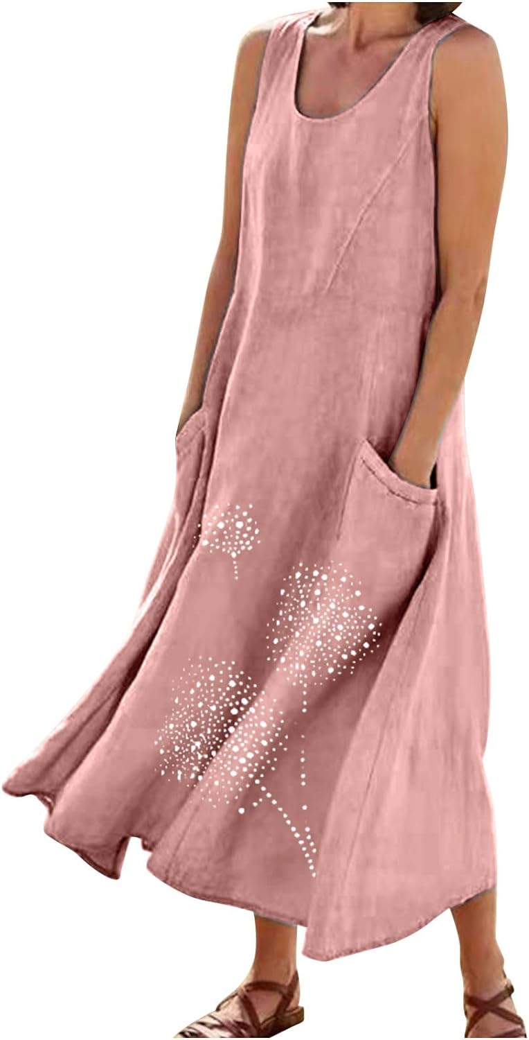Abiti Lunghi Lino Estivi Donna, 2024 Abiti Offerte di Primavera in Lino Spiaggia Caftano a Senza Maniche Abito Casual Oversize Elegante Girocollo Abito Largo con Tasche Boho Fresco Vacanza Vestito