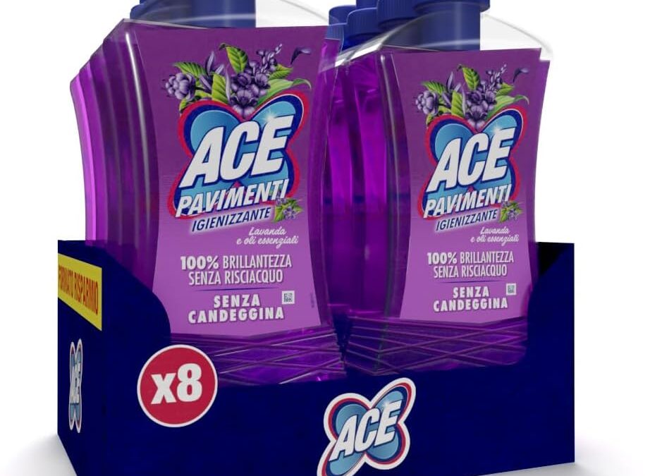 ACE Pavimenti Igienizzante Lavanda ed Oli Essenziali, Senza Candeggina, 8 Flaconi da 1 Litro
