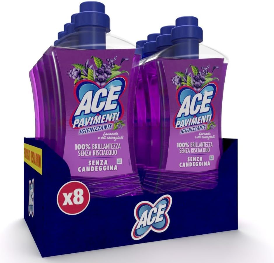 ACE Pavimenti Igienizzante Lavanda ed Oli Essenziali, Senza Candeggina, 8 Flaconi da 1 Litro