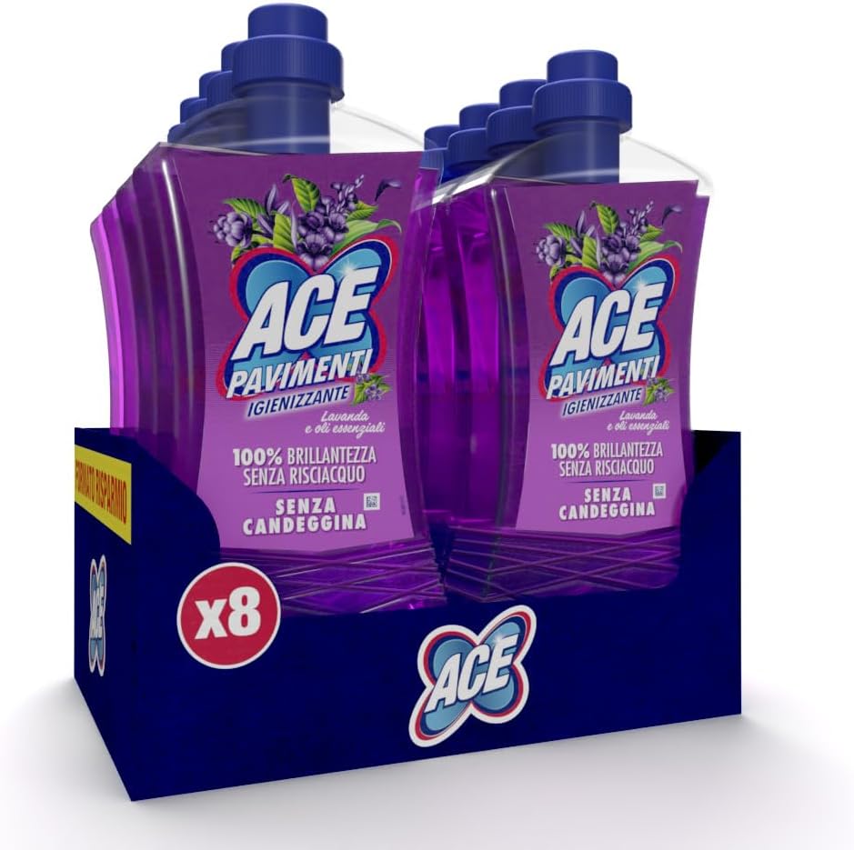 ACE Pavimenti Igienizzante Lavanda ed Oli Essenziali, Senza Candeggina, 8 Flaconi da 1 Litro