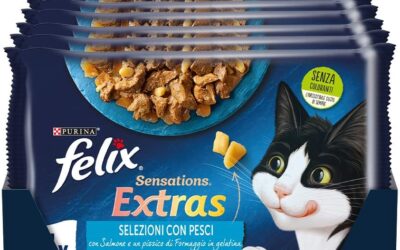 Purina Felix Sensations Extras Cibo Umido per Gatti con Salmone e Formaggio, con Tonno e Formaggio, 48 buste da 85g