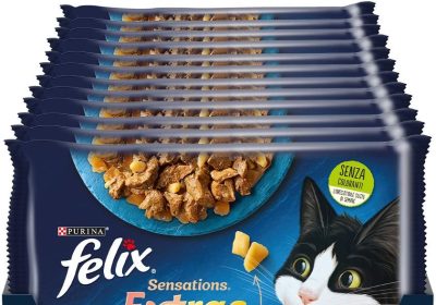 Purina Felix Sensations Extras Cibo Umido per Gatti con Salmone e Formaggio, con Tonno e Formaggio, 48 buste da 85g