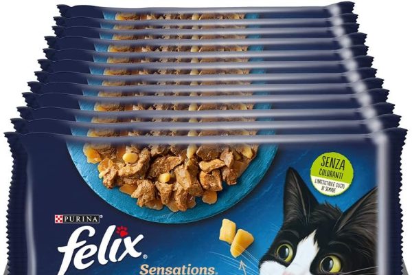 Purina Felix Sensations Extras Cibo Umido per Gatti con Salmone e Formaggio, con Tonno e Formaggio, 48 buste da 85g