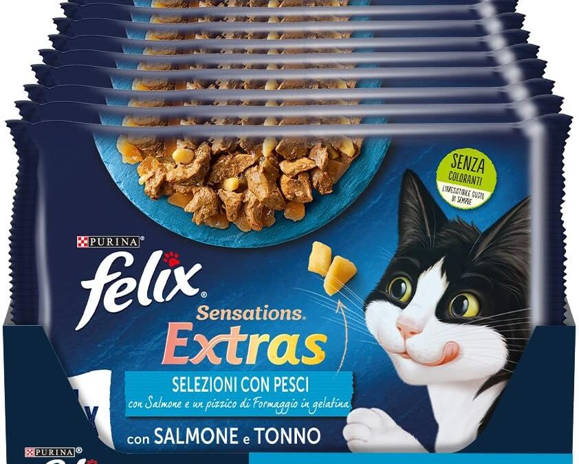 Purina Felix Sensations Extras Cibo Umido per Gatti con Salmone e Formaggio, con Tonno e Formaggio, 48 buste da 85g