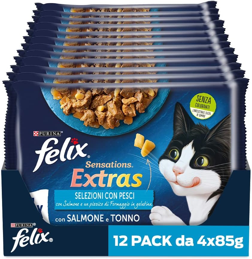 Purina Felix Sensations Extras Cibo Umido per Gatti con Salmone e Formaggio, con Tonno e Formaggio, 48 buste da 85g