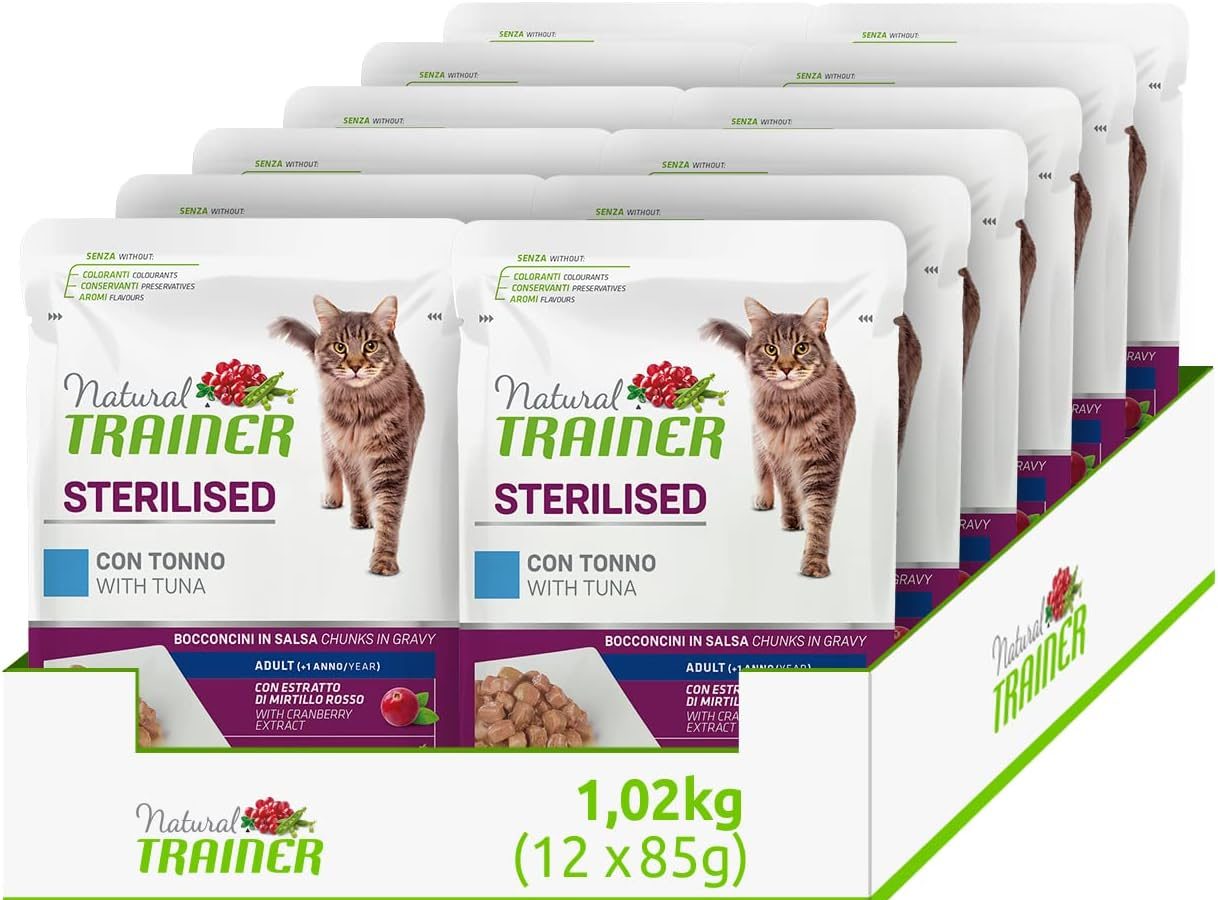 Natural Trainer Sterlisied Adult Cibo Umido per Gatti con Tonno e Fibra di Pisello 12 buste x 85 g – 1020 gr
