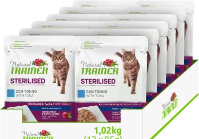 Natural Trainer Sterlisied Adult Cibo Umido per Gatti con Tonno e Fibra di Pisello 12 buste x 85 g – 1020 gr