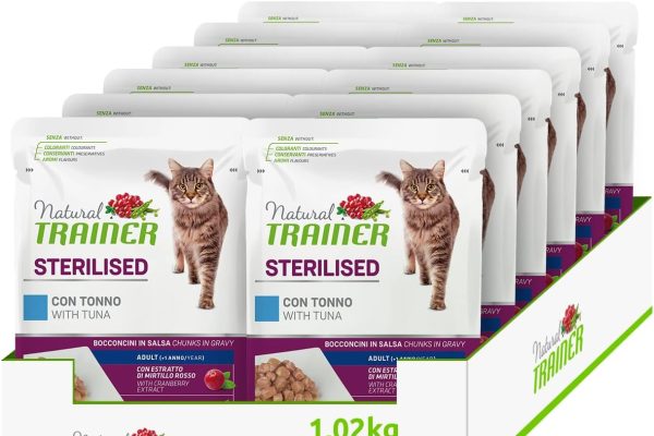 Natural Trainer Sterlisied Adult Cibo Umido per Gatti con Tonno e Fibra di Pisello 12 buste x 85 g – 1020 gr