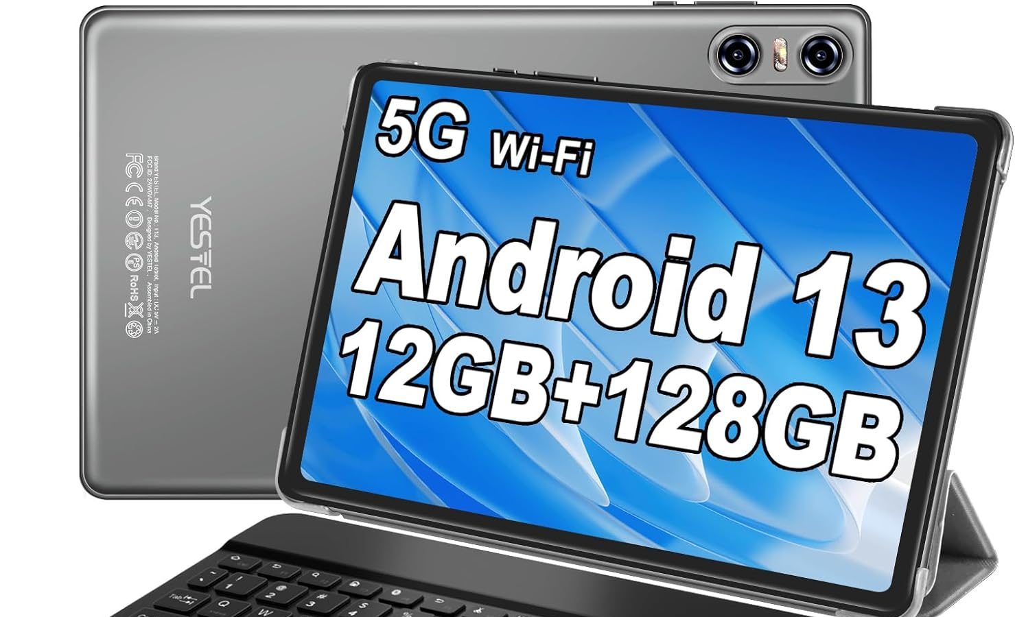 YESTEL Tablet 10 Pollici Android 13 con 12GB RAM 128GB ROM (TF 1TB), CPU 2.0 GHz, HD Tablet 2 in 1 con 5G Wi-Fi, Octa-Core, Bluetooth 5.0, GPS, 5MP+8MP, Tablet con Tastiera e Mouse, Grigio