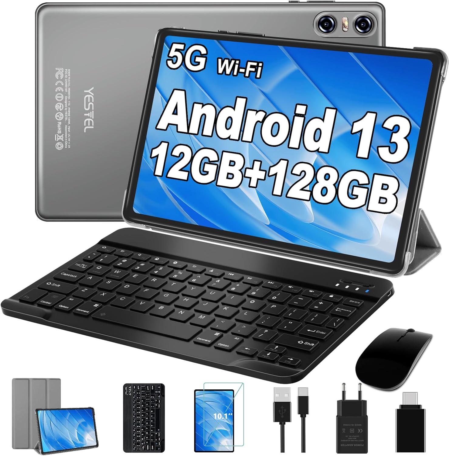 YESTEL Tablet 10 Pollici Android 13 con 12GB RAM 128GB ROM (TF 1TB), CPU 2.0 GHz, HD Tablet 2 in 1 con 5G Wi-Fi, Octa-Core, Bluetooth 5.0, GPS, 5MP+8MP, Tablet con Tastiera e Mouse, Grigio
