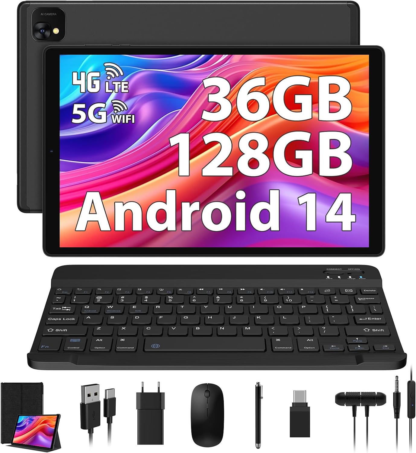 PIXPEAK Tablet 10 pollici 4G lte e 5G WiFi, Android 14.0 Octa-Core 2.0GHz, 36GB RAM, 128GB ROM (1TB Espandibile), INCELL 1920 * 1200, 13MP+8MP, Tablet in offerta con Tastiera etc, GPS/Bluetooth, Nero