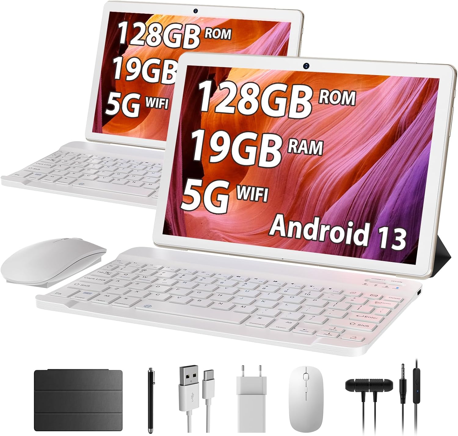 HEASUR Tablet 10 Pollici, Tablet Android 13,Tablet in Offerta 19GB RAM+128GB ROM(TF 1TB), Octa-Core 2.0 GHz,WiFi 5G/2.4G BT5.0, Camera 8000mAh,8MP+5MP,Tablet con Tastiera e Penna&Custodia – Gold