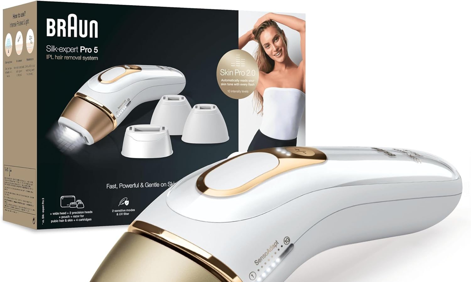 Braun Silk-Expert Pro 5 Epilatore Luce Pulsata, Laser Peli Donna, Ideale per Zone Sensibili, Viso, Bikini e Ascelle, Epilazione Permanente Dei Peli Visibili, PL5358, Bianco/Oro