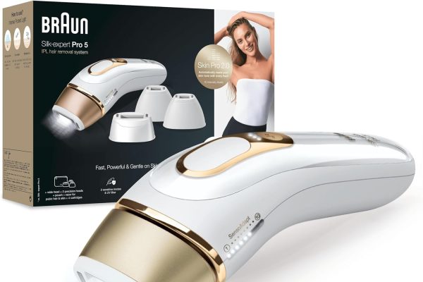 Braun Silk-Expert Pro 5 Epilatore Luce Pulsata, Laser Peli Donna, Ideale per Zone Sensibili, Viso, Bikini e Ascelle, Epilazione Permanente Dei Peli Visibili, PL5358, Bianco/Oro
