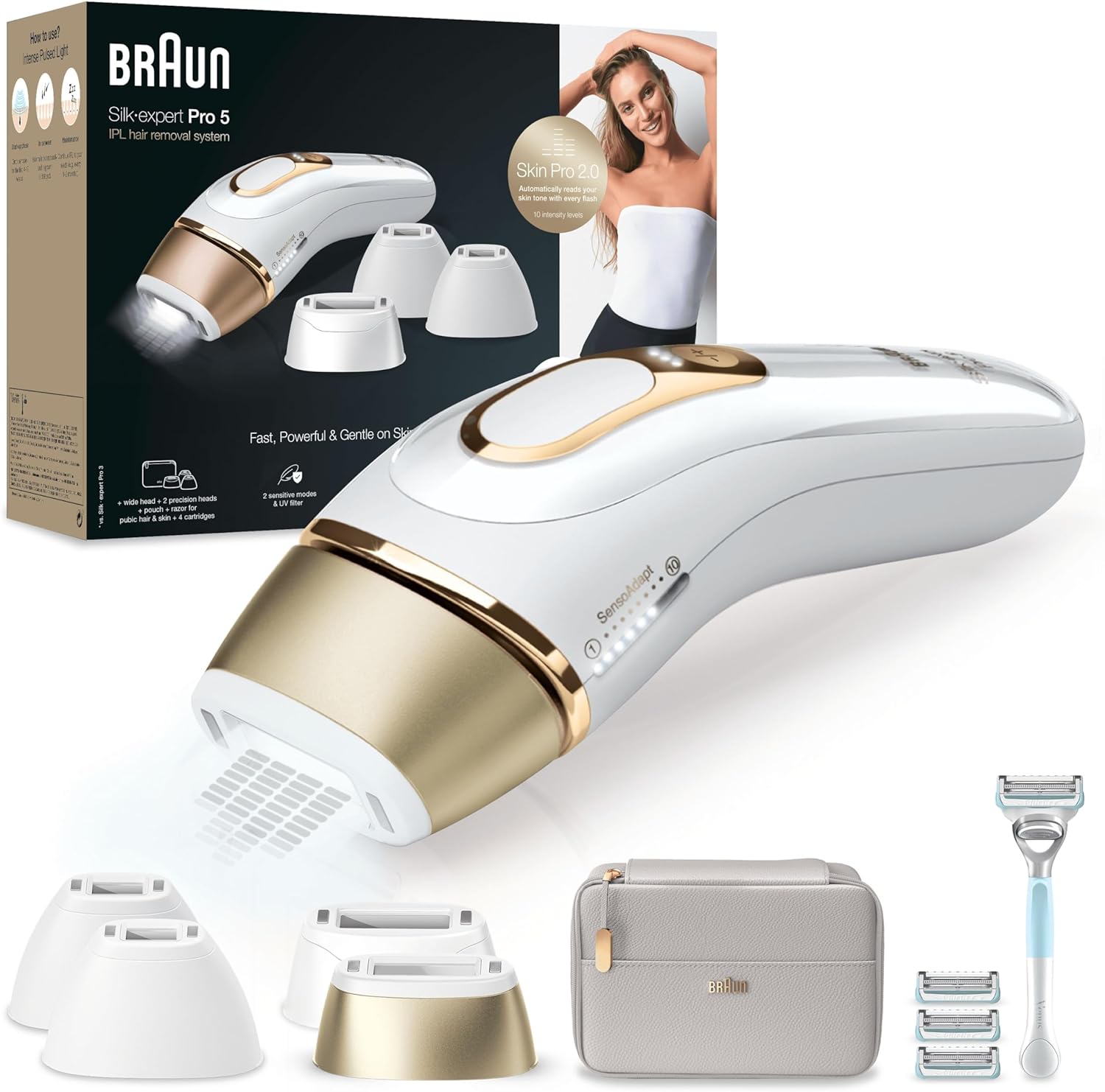 Braun Silk-Expert Pro 5 Epilatore Luce Pulsata, Laser Peli Donna, Ideale per Zone Sensibili, Viso, Bikini e Ascelle, Epilazione Permanente Dei Peli Visibili, PL5358, Bianco/Oro