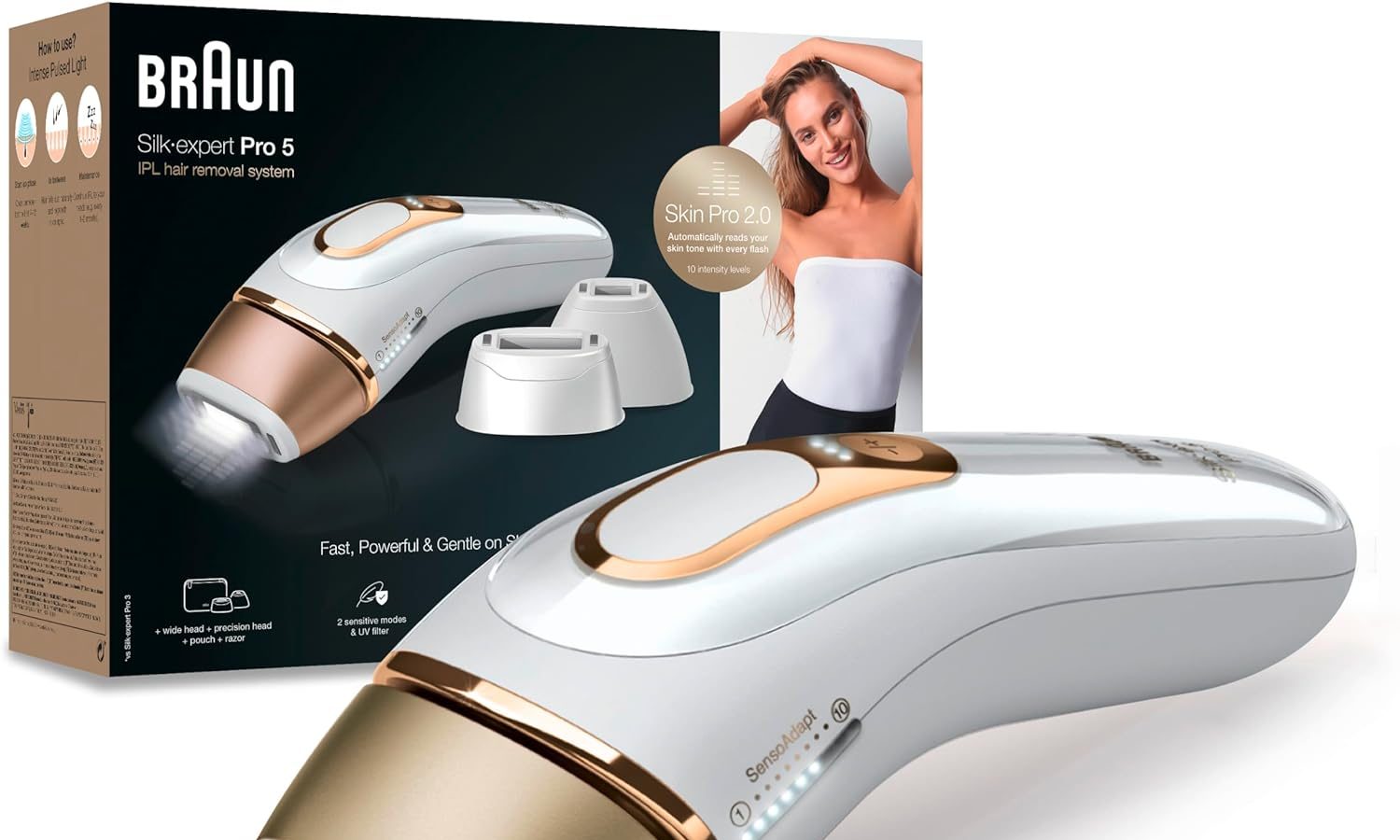 Braun Silk-expert Pro 5 Epilatore Luce Pulsata, Alternativa al Laser, Zone Sensibili, Viso, Bikini e Ascelle, 3 Accessori, Rasoio, Custodia Viaggio,Idea Regalo, Festa della Donna,PL5267 Bianco e Oro